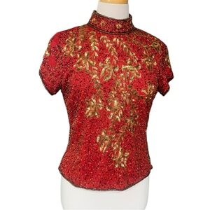 ❤️Marina red, gold and black beaded high neck short sleeved top size small